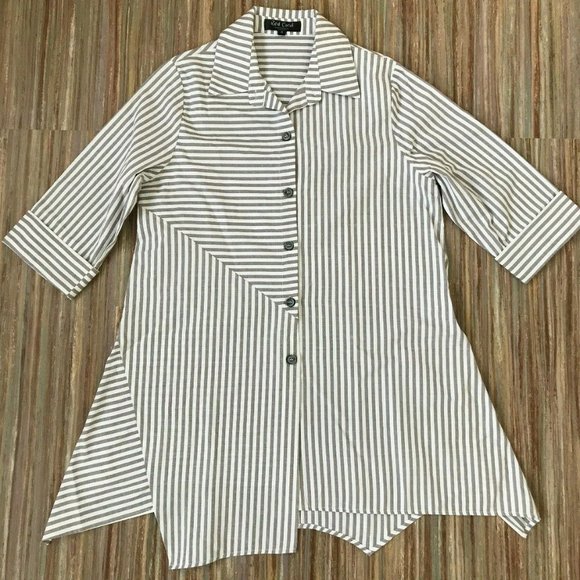Red Coral Striped Tunic Shirt Asymmetric Hem Top White/Grey Oversized Flowy - Picture 4 of 7